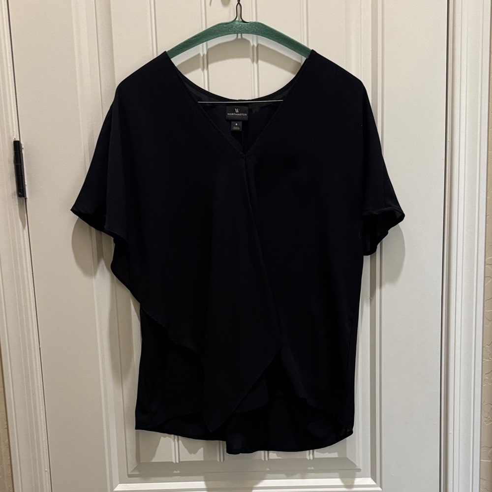 Worthington Black Draped V-Neck Sheer Blouse